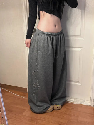 Side Cubic Stone Wide String Training Pants