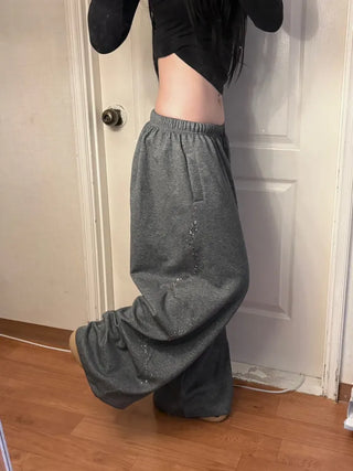 Side Cubic Stone Wide String Training Pants