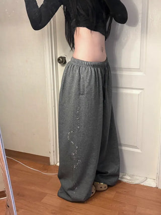 Side Cubic Stone Wide String Training Pants