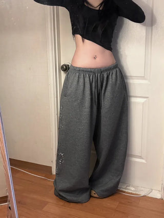 Side Cubic Stone Wide String Training Pants