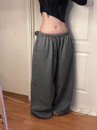 Side Cubic Stone Wide String Training Pants