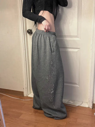 Side Cubic Stone Wide String Training Pants