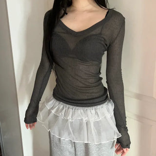 See-through ribbed V-neck slim-fit long-sleeve layered t-shirt