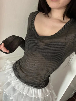 See-through ribbed V-neck slim-fit long-sleeve layered t-shirt