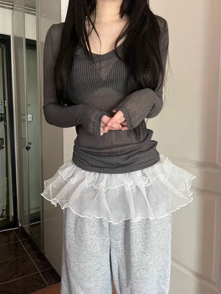 See-through ribbed V-neck slim-fit long-sleeve layered t-shirt