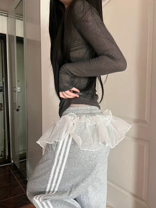 See-through ribbed V-neck slim-fit long-sleeve layered t-shirt