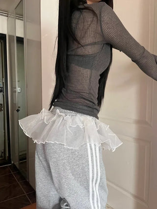 See-through ribbed V-neck slim-fit long-sleeve layered t-shirt