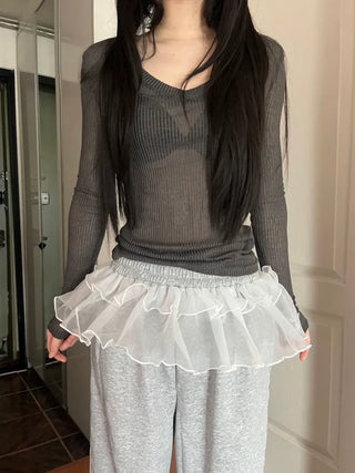 See-through ribbed V-neck slim-fit long-sleeve layered t-shirt