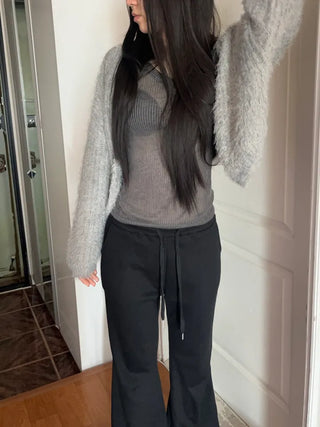 See-through ribbed V-neck slim-fit long-sleeve layered t-shirt