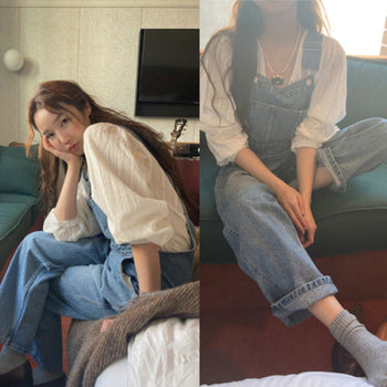 Denim suspender pants