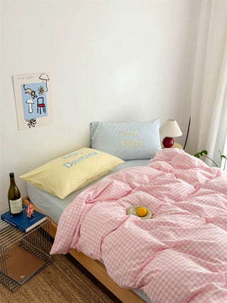 Pastel Creamy Pink Gingham Bedding Set