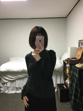 Drape Neck Twist Wrap Loose Fit Long Sleeve T-shirt