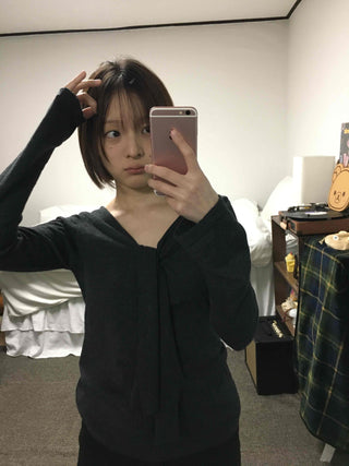 Drape Neck Twist Wrap Loose Fit Long Sleeve T-shirt