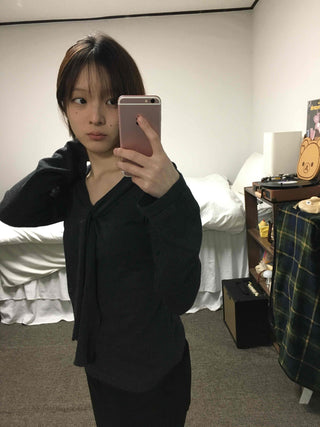 Drape Neck Twist Wrap Loose Fit Long Sleeve T-shirt