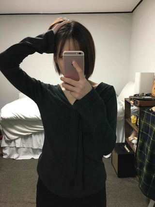 Drape Neck Twist Wrap Loose Fit Long Sleeve T-shirt