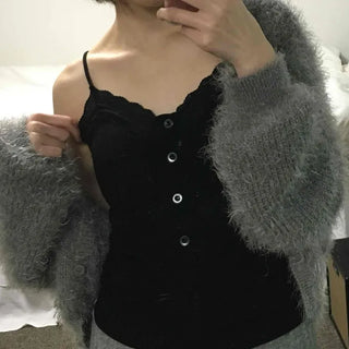 Lace-trimmed Button V-neck Slim Fit Sleeveless Knit
