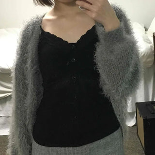 Lace-trimmed Button V-neck Slim Fit Sleeveless Knit