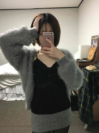 Lace-trimmed Button V-neck Slim Fit Sleeveless Knit