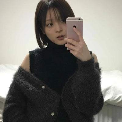 Fuzzy Texture Off-Shoulder Puff Knit