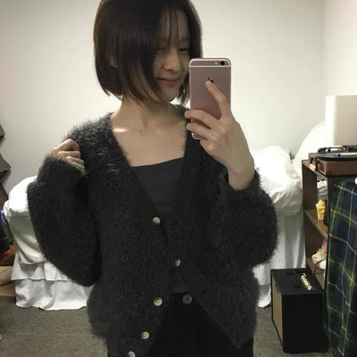Fluffy Puff Button Loose Fit Cardigan