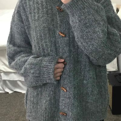 Heathered Fuzzy Toggle Loose Fit Hooded Knit Cardigan