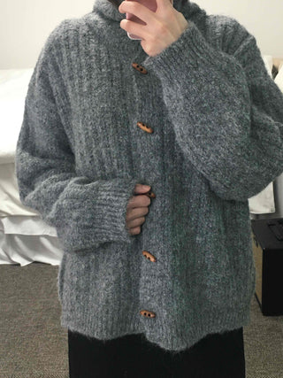 Heathered Fuzzy Toggle Loose Fit Hooded Knit Cardigan