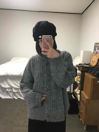 Heathered Fuzzy Toggle Loose Fit Hooded Knit Cardigan