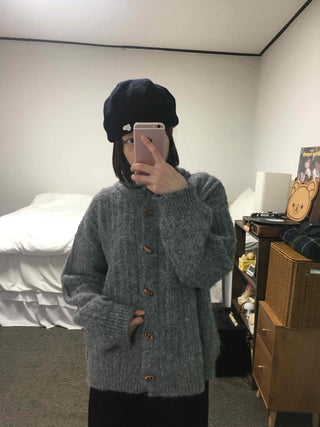 Heathered Fuzzy Toggle Loose Fit Hooded Knit Cardigan