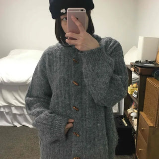 Heathered Fuzzy Toggle Loose Fit Hooded Knit Cardigan