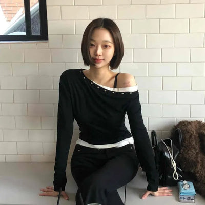 Shoulder Stud Slim Fit Off-Shoulder Long Sleeve Tee