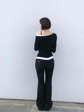 Shoulder Stud Slim Fit Off-Shoulder Long Sleeve Tee