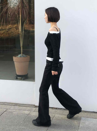 Shoulder Stud Slim Fit Off-Shoulder Long Sleeve Tee