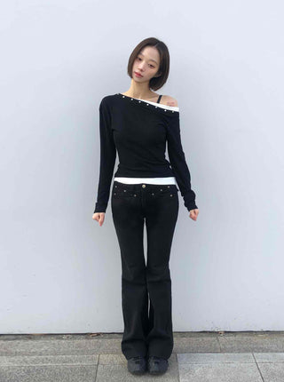 Shoulder Stud Slim Fit Off-Shoulder Long Sleeve Tee