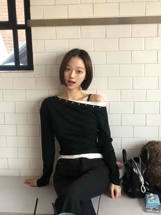 Shoulder Stud Slim Fit Off-Shoulder Long Sleeve Tee