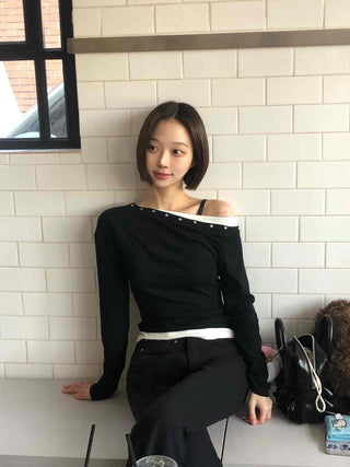 Shoulder Stud Slim Fit Off-Shoulder Long Sleeve Tee
