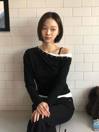 Shoulder Stud Slim Fit Off-Shoulder Long Sleeve Tee