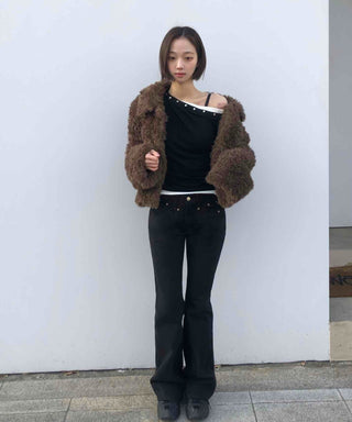 Shoulder Stud Slim Fit Off-Shoulder Long Sleeve Tee