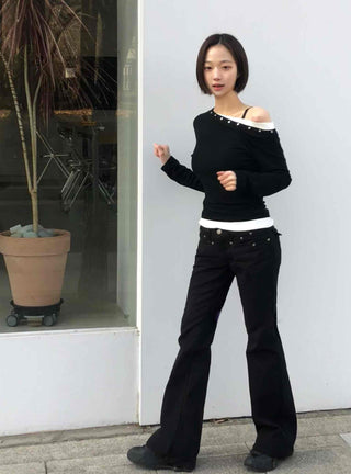 Shoulder Stud Slim Fit Off-Shoulder Long Sleeve Tee