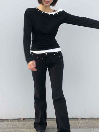 Shoulder Stud Slim Fit Off-Shoulder Long Sleeve Tee