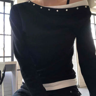Shoulder Stud Slim Fit Off-Shoulder Long Sleeve Tee