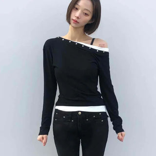 Shoulder Stud Slim Fit Off-Shoulder Long Sleeve Tee