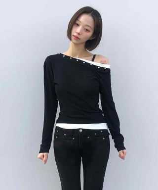 Shoulder Stud Slim Fit Off-Shoulder Long Sleeve Tee