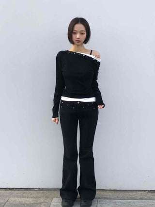 Shoulder Stud Slim Fit Off-Shoulder Long Sleeve Tee