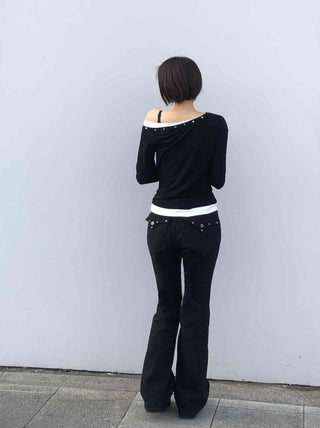 Shoulder Stud Slim Fit Off-Shoulder Long Sleeve Tee