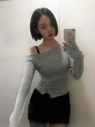 Front Slit Button Sexy Fit Crop Off-Shoulder Long Sleeve T-Shirt