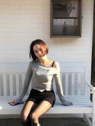 Front Slit Button Sexy Fit Crop Off-Shoulder Long Sleeve T-Shirt