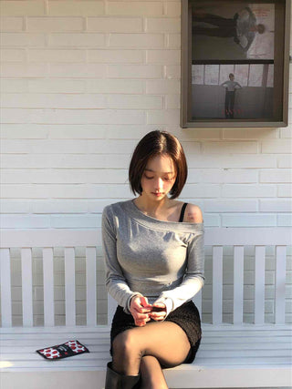 Front Slit Button Sexy Fit Crop Off-Shoulder Long Sleeve T-Shirt