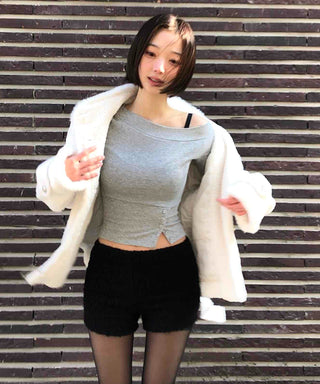 Front Slit Button Sexy Fit Crop Off-Shoulder Long Sleeve T-Shirt