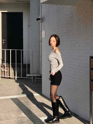 Front Slit Button Sexy Fit Crop Off-Shoulder Long Sleeve T-Shirt