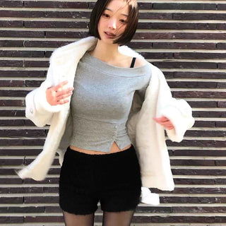 Front Slit Button Sexy Fit Crop Off-Shoulder Long Sleeve T-Shirt